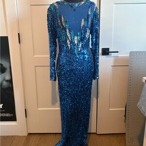 NWT 1970s Alyce Designs Vintage Royal Blue Sequin and Beaded Evening Gown
